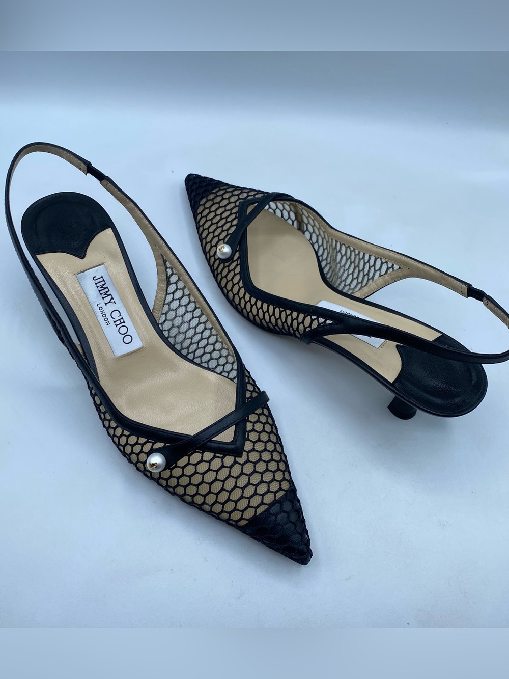 Jimmy Choo Amita 45 Black Mesh Pointed Slingback Pumps with Pearl Accent
